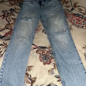 Zara Blue Straight Jeans with Distressed Details